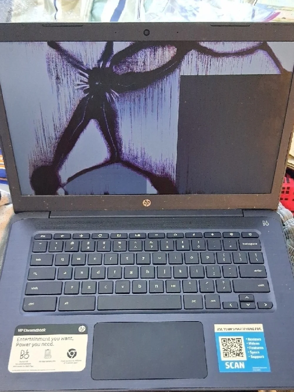 HP Laptop with Black and Purple Screen Damage